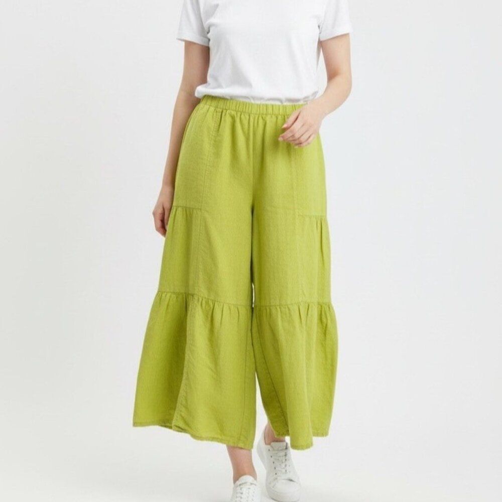 Match Point Green Yellow 100% Linen High Waisted Pleated Wide Leg Pants Trousers - Picture 5 of 5